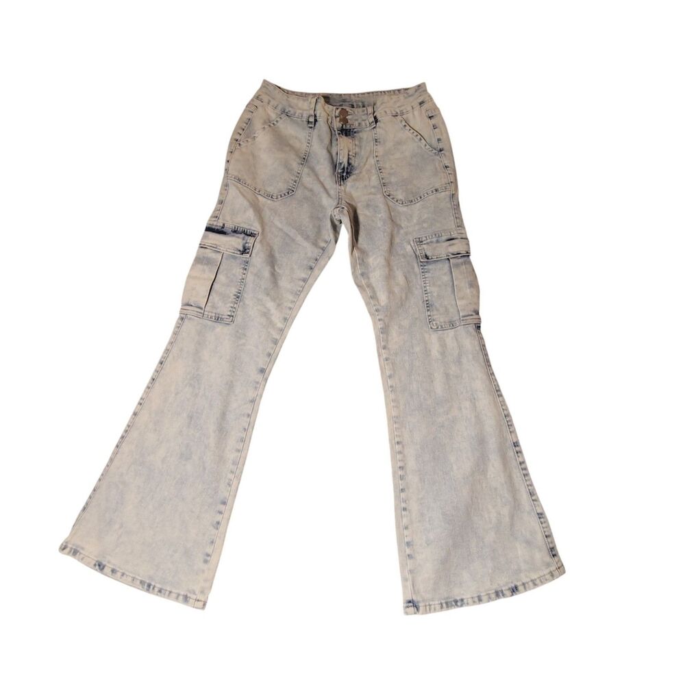 Women's Acid Wash Blue Denim Cargo Pocket Flare Jeans Regular Fit Size L